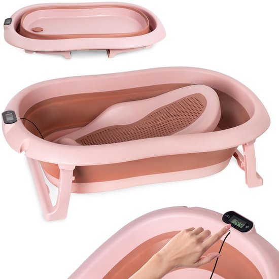 moovkee. Opvouwbaar Babybad 80 cm Donkerroze - Babybadewanne met Thermometer en Badesitz - Antislip Draagbare Babybadkuip voor 0-36 Maanden