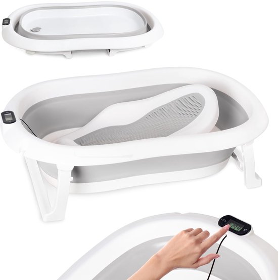 moovkee. Opvouwbaar Babybad 80 cm Grijs - Babybadewanne met Thermometer en Badesitz - Antislip Draagbare Babybadkuip voor 0-36 Maanden