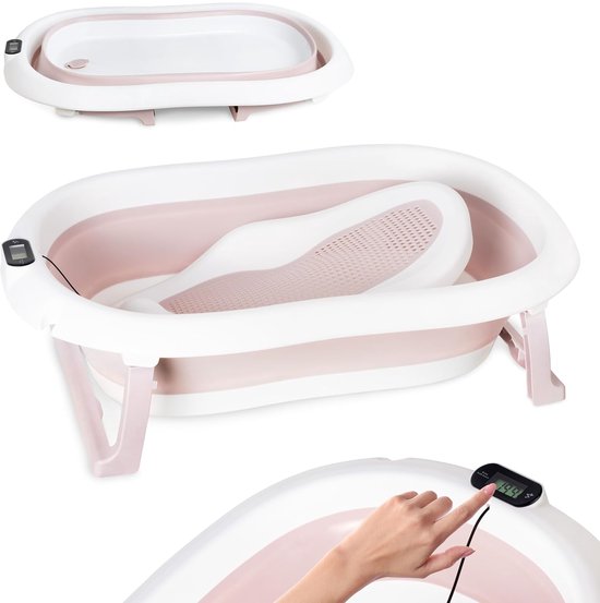 moovkee. Opvouwbaar Babybad 80 cm Roze - Babybadewanne met Thermometer en Badesitz - Antislip Draagbare Babybadkuip voor 0-36 Maanden