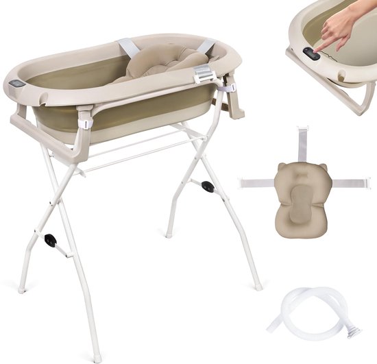 moovkee. Opvouwbaar Babybad met Standaard 80 cm Beige – Babybadje met Thermometer, Badkussen & Afvoersysteem – Veilig Babybad voor Pasgeborenen van Merkloos