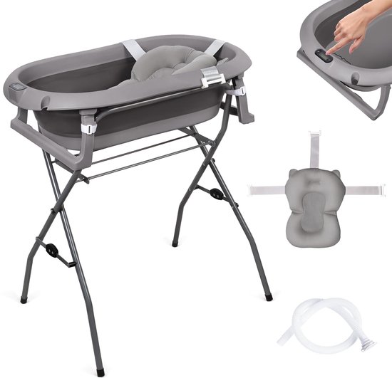 moovkee. Opvouwbaar Babybad met Standaard 80 cm Donkergrijs - Babybadje met Thermometer, Badkussen & Afvoersysteem - Veilig Babybad voor Pasgeborenen van Moovkee