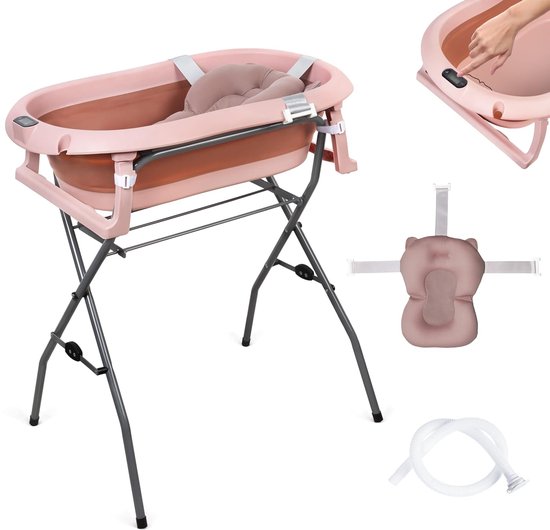 moovkee. Opvouwbaar Babybad met Standaard 80 cm Donkerroze – Babybadje met Thermometer, Badkussen & Afvoersysteem – Veilig Babybad voor Pasgeborenen van Merkloos