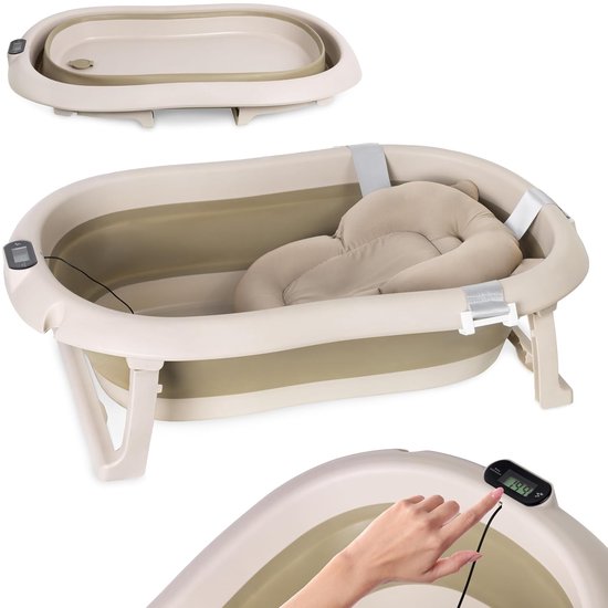 moovkee. Opvouwbaar Babybadje 80 cm Beige met Thermometer & Badkussen – Antislip Draagbaar Babybad voor 0-36 Maanden van Merkloos