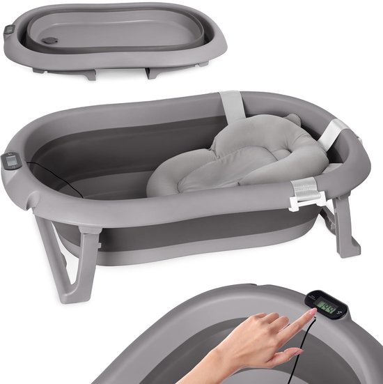 moovkee. Opvouwbaar Babybadje 80 cm Donkergrijs met Thermometer & Badkussen – Antislip Draagbaar Babybad voor 0-36 Maanden