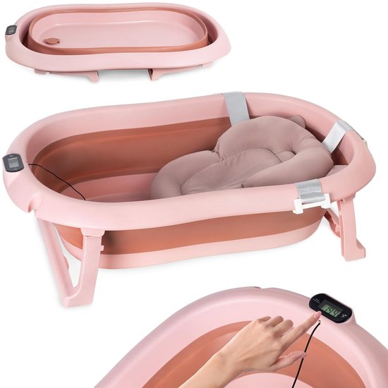 moovkee. Opvouwbaar Babybadje 80 cm Donkerroze met Thermometer & Badkussen – Antislip Draagbaar Babybad voor 0-36 Maanden van Merkloos