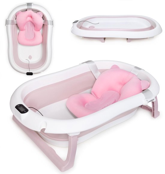 moovkee. Opvouwbaar Babybadje 80 cm Roze met Thermometer & Badkussen – Antislip Draagbaar Babybad voor 0-36 Maanden