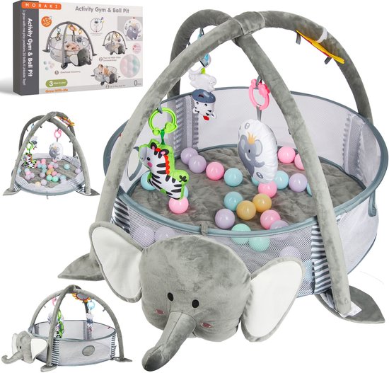 Moraki - Babygym - Olifant Speelkleed 3 in 1 met Ballenbak Dierenhangers en Muziek - Speelmat - Zacht - Vanaf 0 Maanden van Merkloos