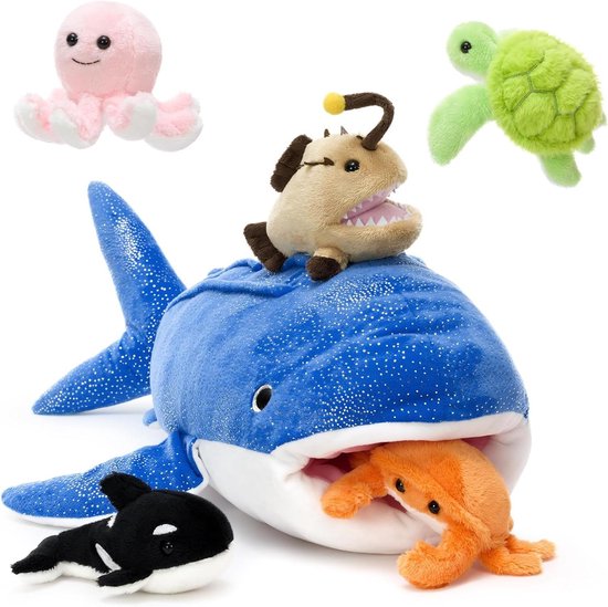 MorisMos groot haaihaai knuffel XXL met kleine zeebeesten in de mond-schildpad-krab-kwal-orka, 60 cm gigantische haaihaai stofpop, verjaardagscadeau voor kinderen baby