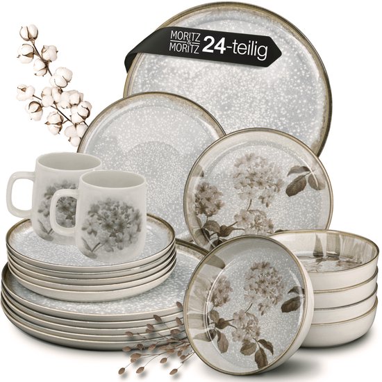 Moritz & Moritz BLOSSOM 24-delig Serviesset 6 Persoons Grijs - Porselein Koffieservies met Borden, schalen en Kopjes