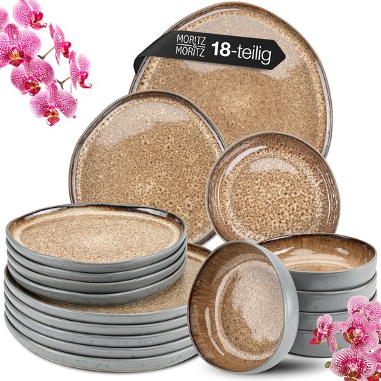 Moritz & Moritz ORGANIC Serviesset 6 Persoons - 18-delig Servies Set met Dinerbord, Soepbord en Dessertbord - Beige