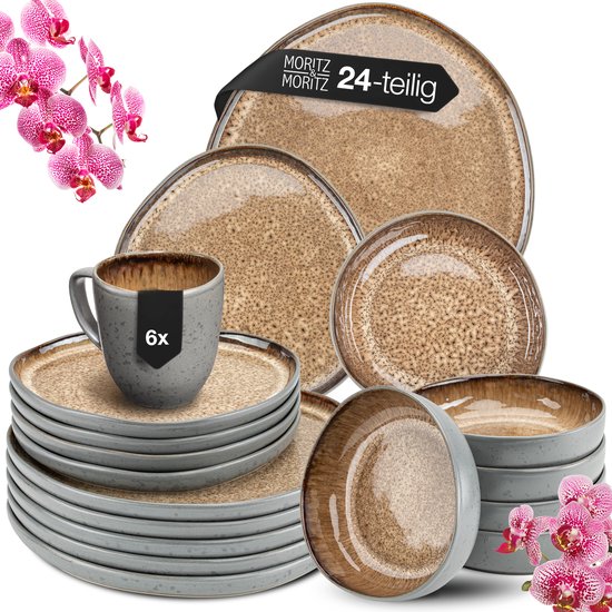 Moritz & Moritz ORGANIC Serviesset 6 Persoons - 24-delig Servies Set met Dinerbord, Soepbord, Dessertbord en Kopje - Beige