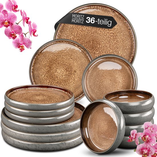 Moritz & Moritz SOLID Serviesset 12 Persoons - 36-delig Servies Set met Dinerbord, Dessertbord en Schaaltje - Keramiek - Bruin