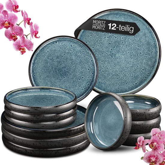 Moritz & Moritz SOLID Serviesset 4 Persoons - 12-delig Servies Set met Dinerbord, Soepbord en Dessertbord - Blauw