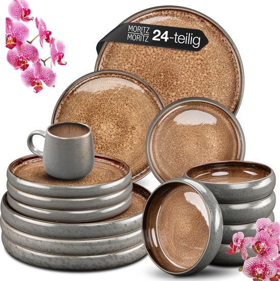 Moritz & Moritz SOLID Serviesset 6 Persoons - 24-delig Servies Set met Bord, Schaaltje en Kopje - Aardewerk - Beige