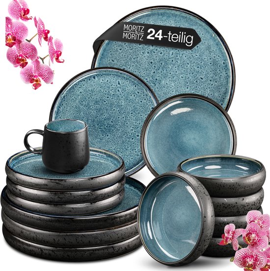 Moritz & Moritz SOLID Serviesset 6 Persoons - 24-delig Servies Set met Dinerbord, Dessertbord, Kom en Mok - Blauw