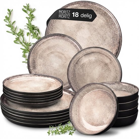 Moritz & Moritz VIDA Serviesset 6 Persoons - 18-delig Servies Set met Dinerbord, Soepbord en Dessertbord - Porselein - Beige