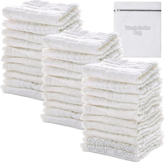 Mousseline doek baby, gaasdoek, spuugdoeken, meisjes, jongens, baby, natte doekjes, washandjes, kinderen, mousseline, spuugdoek, 30 stuks 25x25 cm (incl. waszak), baby, eerste uitrusting van Liying