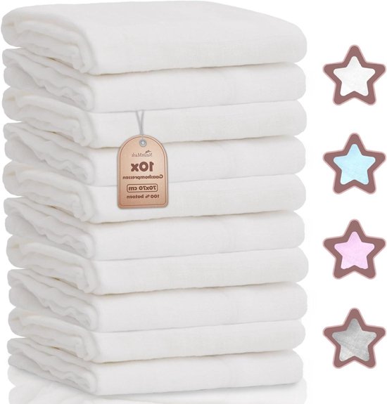 Mousseline Doeken - Babydoeken Katoen - Babyverzorging Thuis - 100% Ademend Katoen - Set 10 stuks 70x70 - Wit