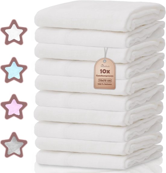Mousseline Doeken - Babydoeken Katoen - Babyverzorging Thuis - OEKO-TEX Gecertificeerd - Set 10 stuks 70x70 - Wit