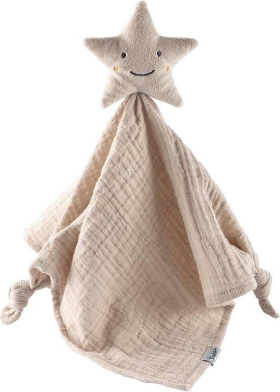 Mousseline Knuffeldoek Ster - Zacht Snuffeldoekje met Geborduurd Gezichtje, Troostdoek voor Baby Jongen en Meisje