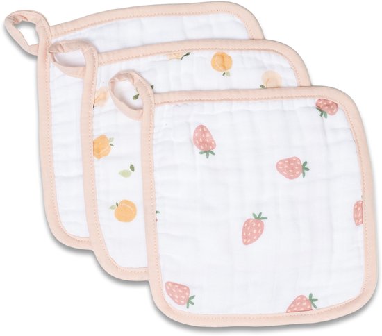 Mousseline Washandjes - 3-pack - Strawberry & Peaches