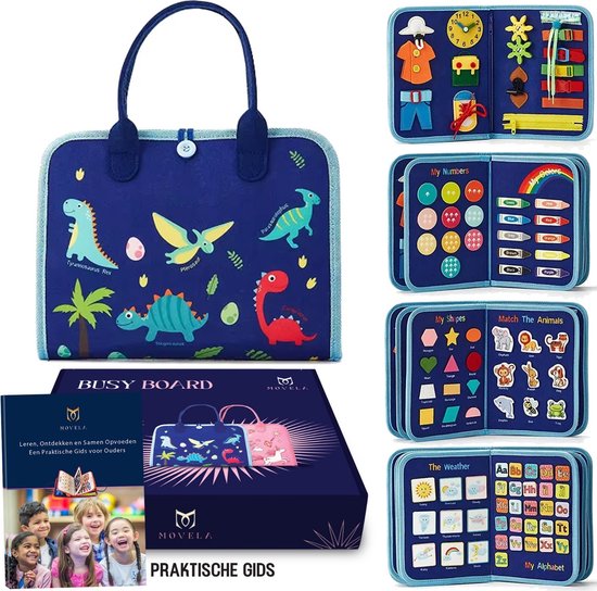 Movela Busy Board - Blauw- Activiteiten Boek - Activiteitenbord - Gids Met Tips - Sensorisch Speelgoed - 8 Pagina's - Montessori voor thuis - Educatief - Educatief Speelgoed - Engels leren - Motoriek Speelgoed van Movela