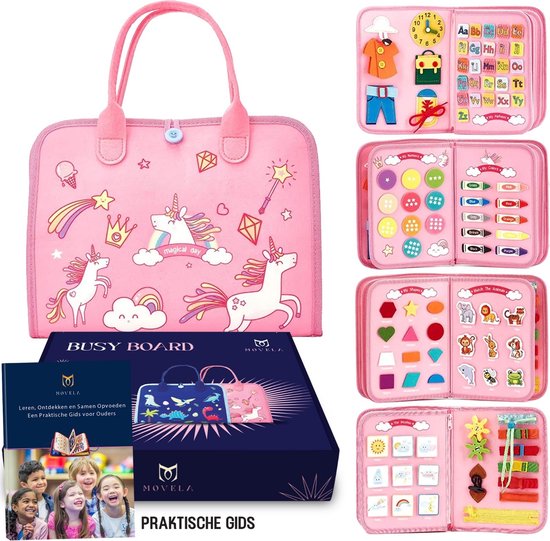 Movela Busy Board - Roze - Activiteiten Boek - Activiteitenbord - Sensorisch Speelgoed - 8 Pagina's - Montessori voor thuis - Educatief - Educatief Speelgoed - Engels leren - Motoriek Speelgoed van Movela
