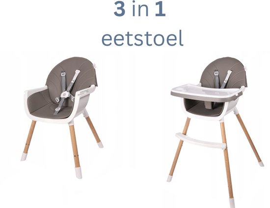 MOZY® - 3 in 1 Babystoel - Grijs - tot 20 kg - Verstelbare Poten - Kinderstoel - 5-Puntsgordel - Groeit Mee - Eetstoel