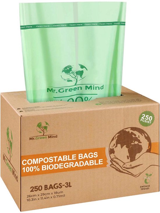 Mr. Green Mind vuilniszakken Bio, 2-3 liter, groen, doos van 250 stuks van Merkloos