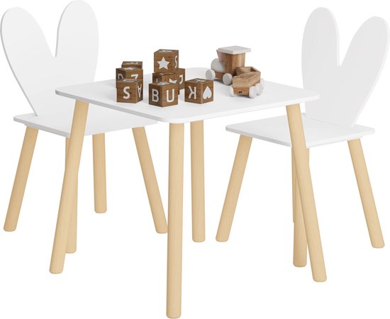 MS® - Kindertafel met twee stoelen - Kindermeubel set konijn - Thema konijn - Peuterstoelen met rugleuning - Konijnenoren stoelen - Hobby tafel met stoel - Wit - Naturel hout - Tafelmaat: 50x50 cm van MS