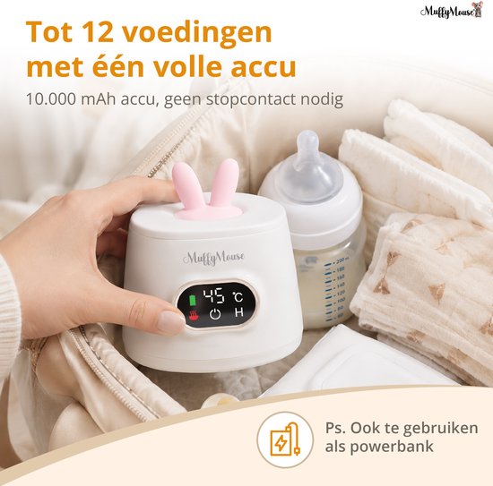 MuffyMouse Flessenwarmer Onderweg – Draagbare Flessenwarmer Baby – Draadloze Flessenwarmer – Oplaadbaar 10.000 mAh – 60W – 4 Temperaturen – Bottle warmer – Wit