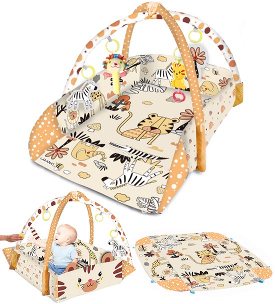 Multifunctioneel Speelkleed Baby + Buikligtrainer - Babygym met AANPASBARE WANDEN - Speelmat met Boog - Incl. 30 Ballen + 4 Speeltjes - Vanaf 0m+ van Cangaroo
