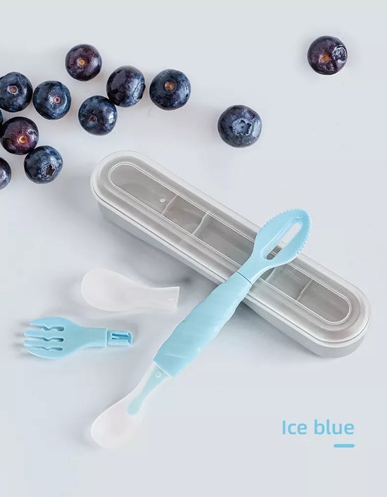Multifunctioneel Vork & lepel - Bestek baby en kind- Oefenbestek - blauw van Little Dutch