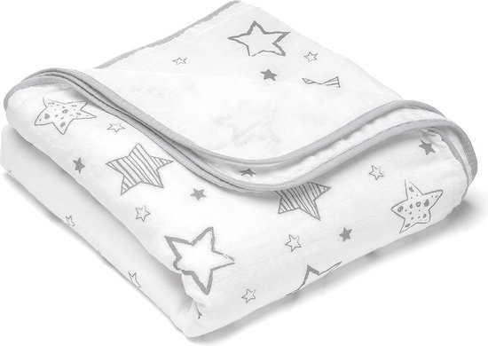 Multifunctionele Babydeken 120 x 120 cm - Oeko-Tex Katoen - Wit/Grijs Sterrenprint van Fabs World