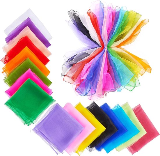 Multikleurige dansdoeken voor baby's - sensorische zijden doeken voor kinderen - linten voor baby's, ideaal voor dans, gymnastiek en magische accessoires, set van 32 - 60x60cm.