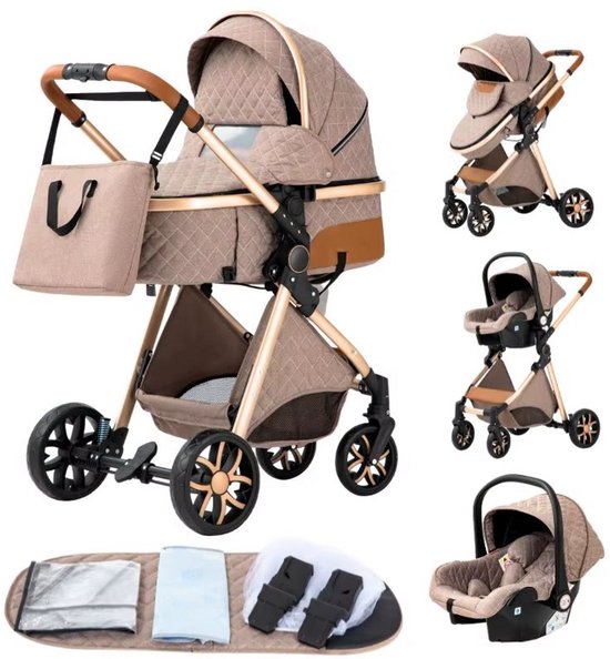 Multisupply - Luxueuze 3 in 1 Kinderwagen - Kwalitatieve Buggy - Multifunctioneel - Inklapbaar - Incl. Autostoel- Beige - 9 accessoires