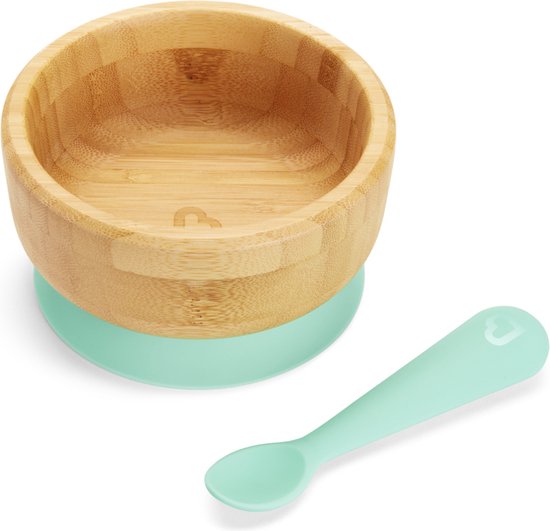 Munchkin Bamboe Serviesset voor Baby's en Peuters - Siliconen lepel en Kommetje met Zuignap - Anti-Slip - Vanaf 6 maanden van Munchkin