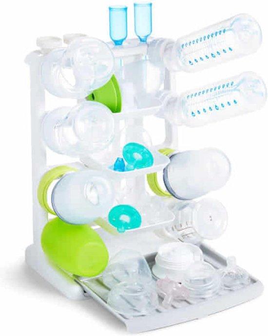 Munchkin Flessendroogrek Tidy Dry - Verticale Ruimtebesparende Droogrek voor Babyflessen met Clips en Uitneembare Druppelbak