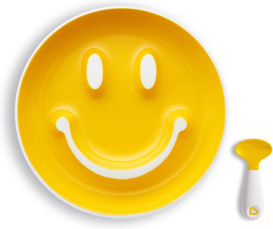 Munchkin kinderservies - Baby Bordje met zuignap en Lepel - Smile 'n Scoop - Bord met zuignap in de vorm van een smiley - BPA-vrij - 9+ maanden - Geel van Merkloos