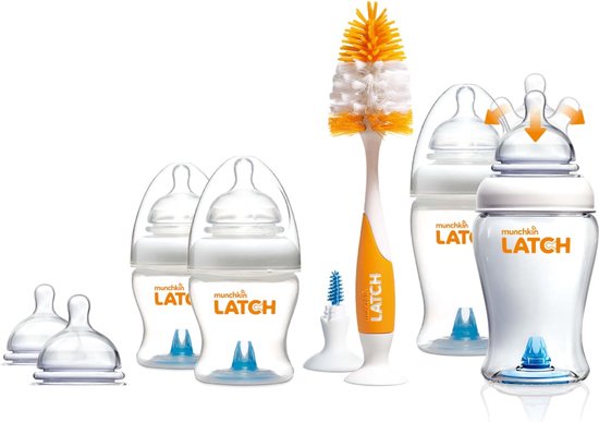 Munchkin Latch 12-delige Babyfles Starterset - 2x 120ml babyflessen - 2x 240ml Babyflessen - 2x Schoonmaakborstels - Voor pasgeborene - BPA-Vrij van Merkloos