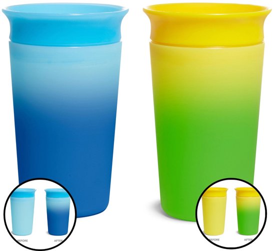 Munchkin Miracle Anti-Lek 360° Drinkbeker - 2pk Sippy Cup - Veranderd van Kleur - Warmtegevoelig - Oefenbeker voor Baby en Kind - 266ml - 2 Stuks - Blauw/Geel