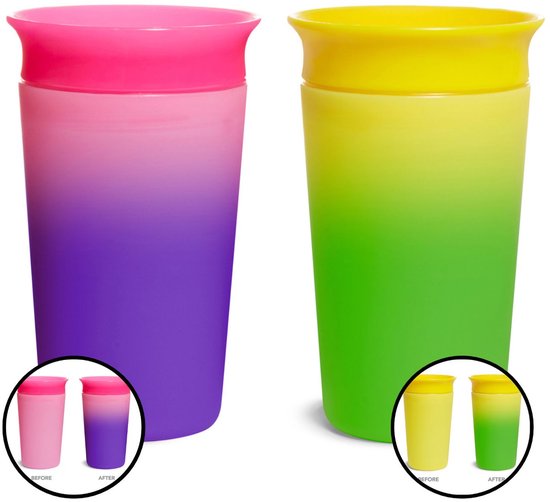 Munchkin Miracle Anti-Lek 360° Drinkbeker - 2pk Sippy Cup - Veranderd van Kleur - Warmtegevoelig - Oefenbeker voor Baby en Kind - 266ml - 2 Stuks - Roze/Geel van Merkloos
