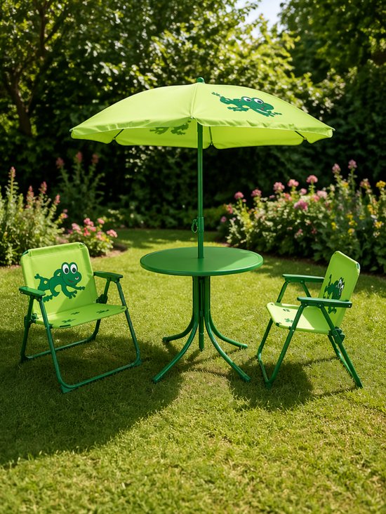 Muntel Kindermeubelset - 2 Stoelen - Parasol - Tafel - Groen - Kikker