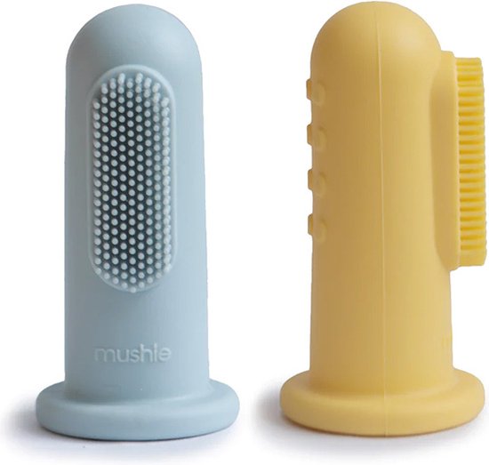 Mushie Baby Tandenborstel - Powder Blue + Pale Daffodil (set van 2) van Mushie