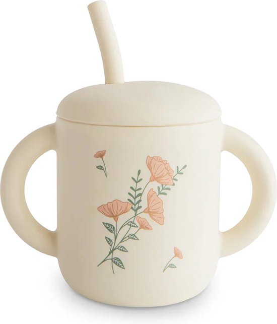 Mushie Oefenbeker met rietje | Pink Flowers van Mushie
