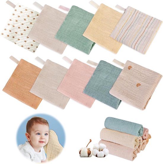 Muslin Baby Wash Cloth Pack of 10 - Burp Cloth 23 x 23 cm - Handkerchief Washcloths for Boys and Girls hydrofiele washandjes van Merkloos