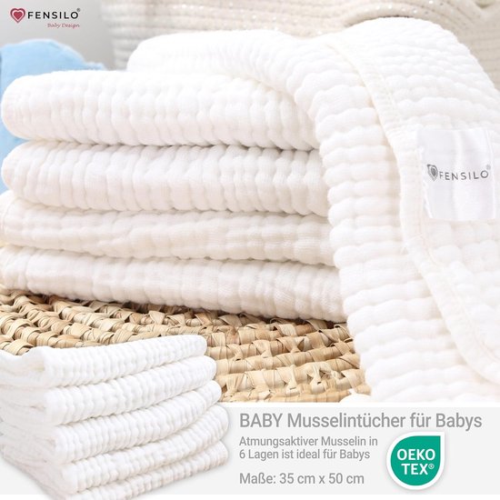 Musseline doeken - FENSILO - Hydrofiele Luiers - Hydrofiele Doeken - 100% Katoenen mousseline - 35 x 50 cm - 5 pack - Wit - Babydoeken, spuugdoeken voor baby's, 6 lagen, absorberende luiers, stoffen luiers van Merkloos