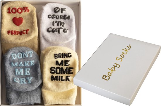 Muuzey Geschenkdoos - Baby sokjes - Baby Sokken – Kraamcadeau - cadeau Jongen - cadeau Meisje – Babyshower – Antislip sokken – 4 paar sokken - Brievenbus cadeau van Muuzey
