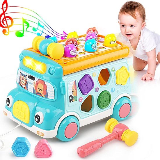 Muziekactiviteitenbus voor baby's, educatieve auto voor baby's, geluid en licht, interactief spel, vormensorteerder, dierenmatching, cadeau voor peuters, jongens en meisjes (3, 4, 5, 6, 7 jaar) (blauw) van Seago