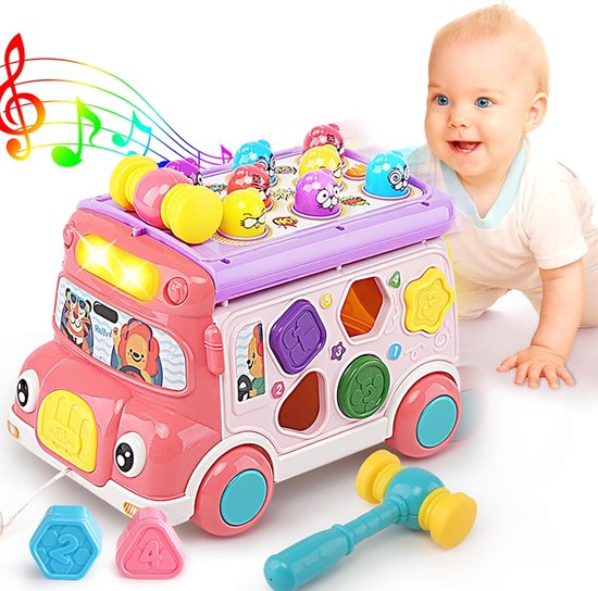 Muziekactiviteitenbus voor baby's, educatieve auto voor baby's, geluid en licht, interactief spel, vormensorteerder, dierenmatching, cadeau voor peuters, jongens en meisjes (3, 4, 5, 6, 7 jaar) (roze) van Peradix